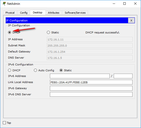 NetAdmin received IP addressing through DHCP
