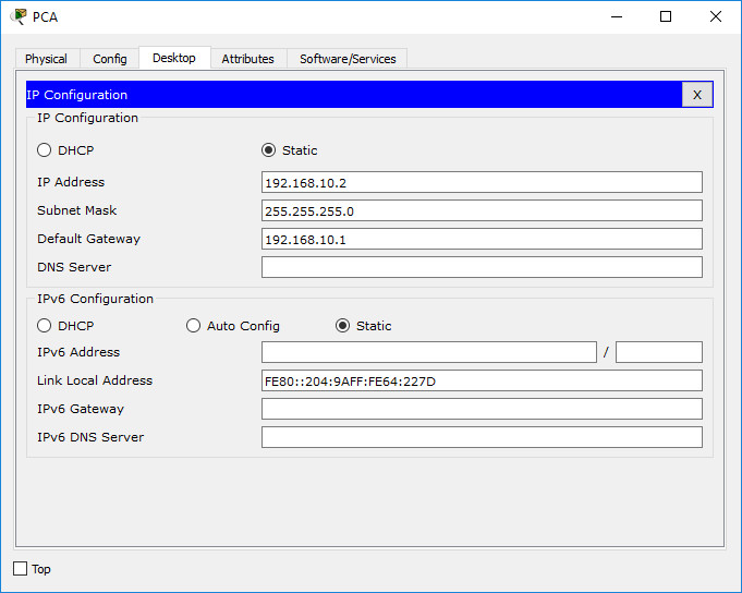 Configure IP address in PCA