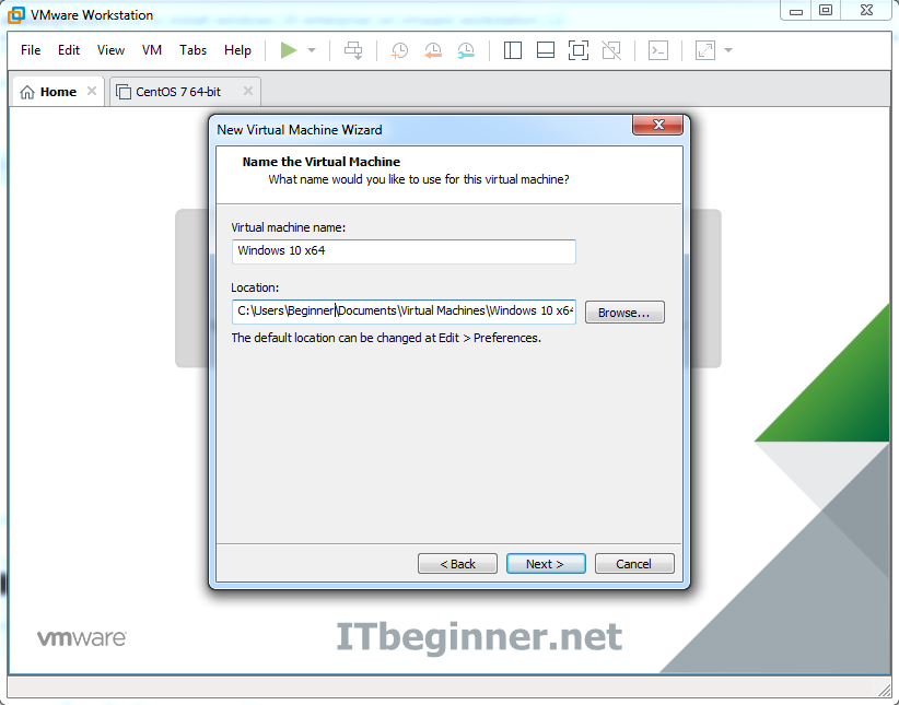 VMware Workstation 15 - Windows 10 installation- Enter Virtual Machine Name and Location Screenshot
